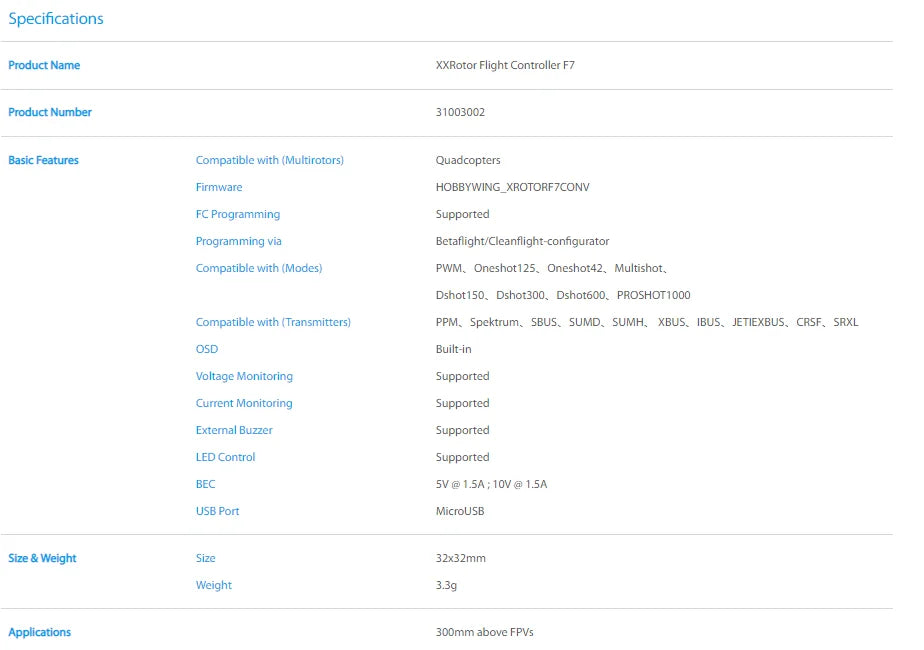 Hobbywing XRotor F7 Flight Controller, XXRotor Flight Controller F7 Product Number 31003002 Basic Features