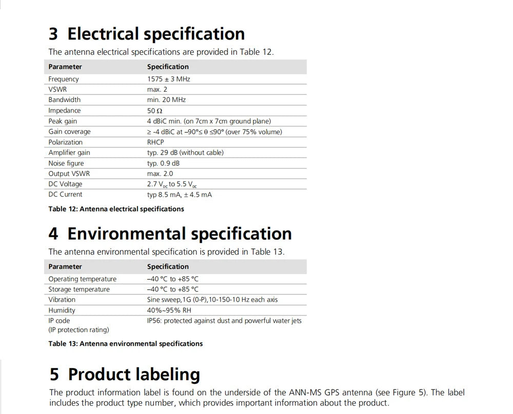 CUAV U-blox ANN-MS Single Frequency C-RTK Lengthened Extension Antenna RC Multi-axis Drone Flight Control Combo 14 antenna electrical specifications are provided in Table 12 . Frequency 1575 3 MHz