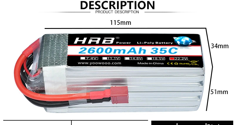 2PCS HRB 6S 22.2V Lipo Battery, PRODUCT DESCRIPTION 11Smm HRB Po t Lipe Rn