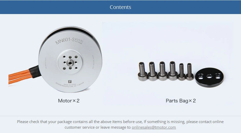 2Pcs/Set T-motor, check that your package contains all the above items before use . if something is missing,