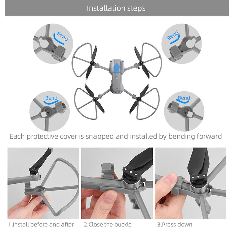Propeller Guard for DJI Mavic Air 2/2S Drone Protective Cover for mavic air2/Mavic Air 2S Accessories with Foldable Landing Gear 17 Propeller Guard, Installation steps Bend Bend Each protective cover is snapped and installed by bending forward 1.Close
