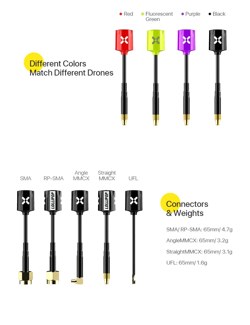 Upgraded Version Foxeer Antenna MICRO Lollipop V4 FPV Antenna 5.8G 2.3Dbi Omni RHCP SMA RPSMA UFL MMCX For FPV Racing Drone 51 Upgraded Version Foxeer Antenna, Red Fluorescent Purple Black Green Different Colors Match Different Drones Angle Straight SMA