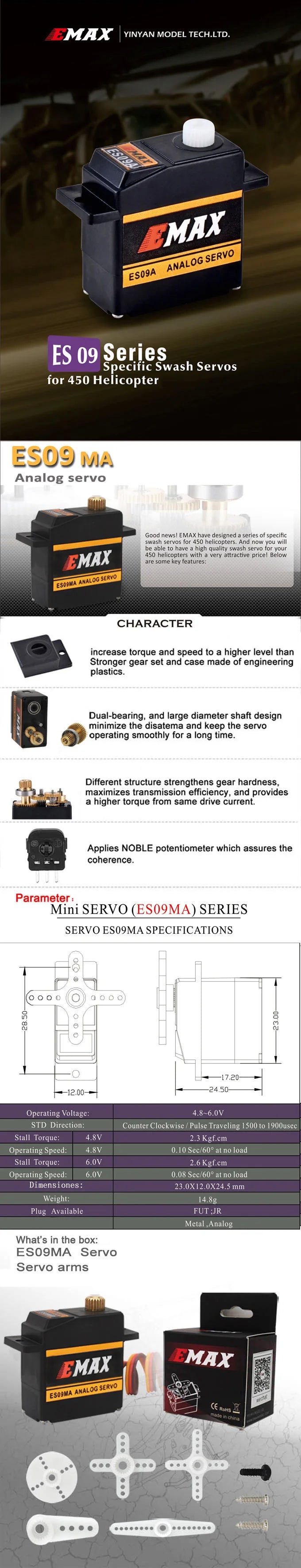 Emax ES09MA, EMAX have designed series of specific swash servos for 450 helicopter