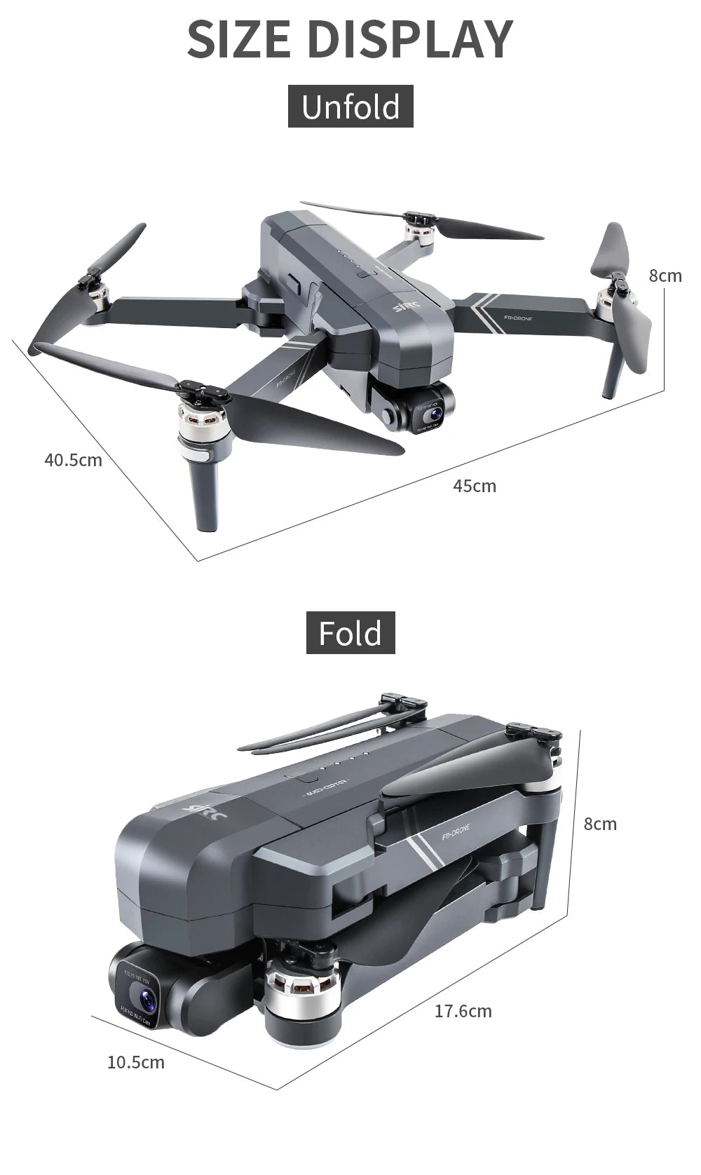 SJRC F11 / F11S  Pro Drone, SIZE DISPLAY Unfold 8cm Fn-D6o 40.
