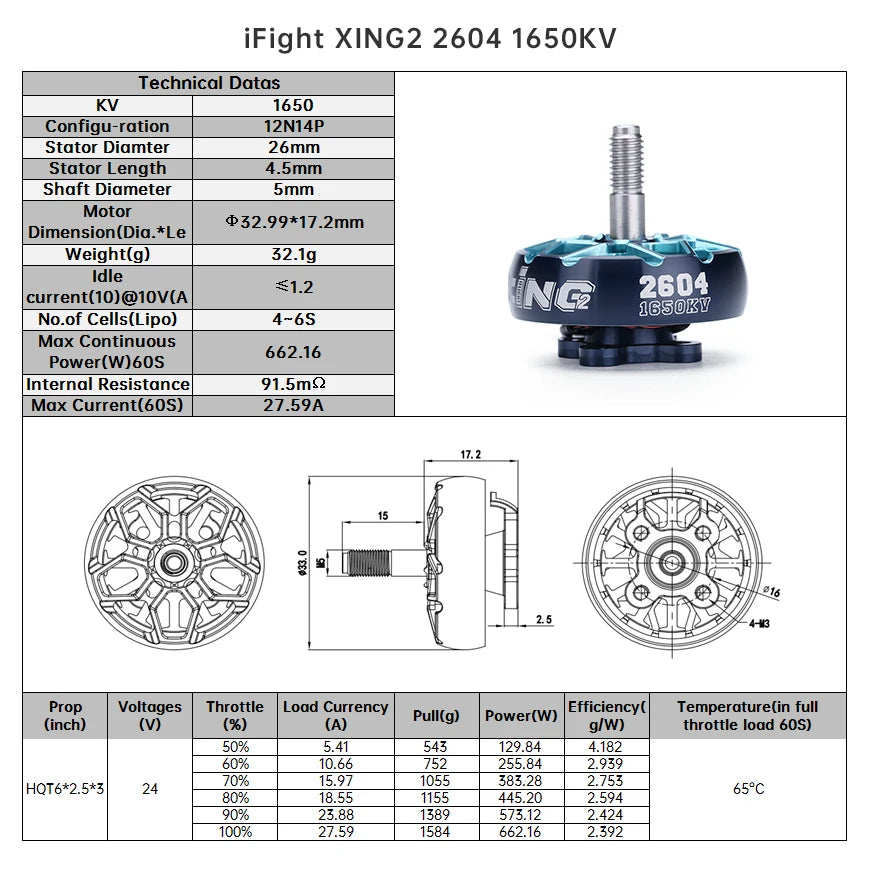 iFlight XING2 2604 1350KV/1650KV 4S-6S FPV Motor, iFight XING2 2604 1650KV Technical Datas KV