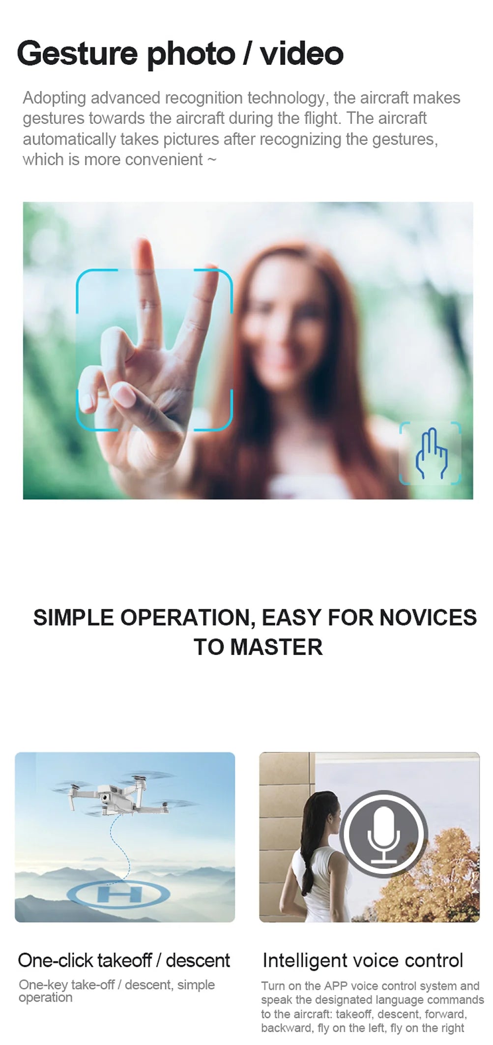 E59 Drone, the aircraft automatically takes pictures after recognizing the gestures, which is