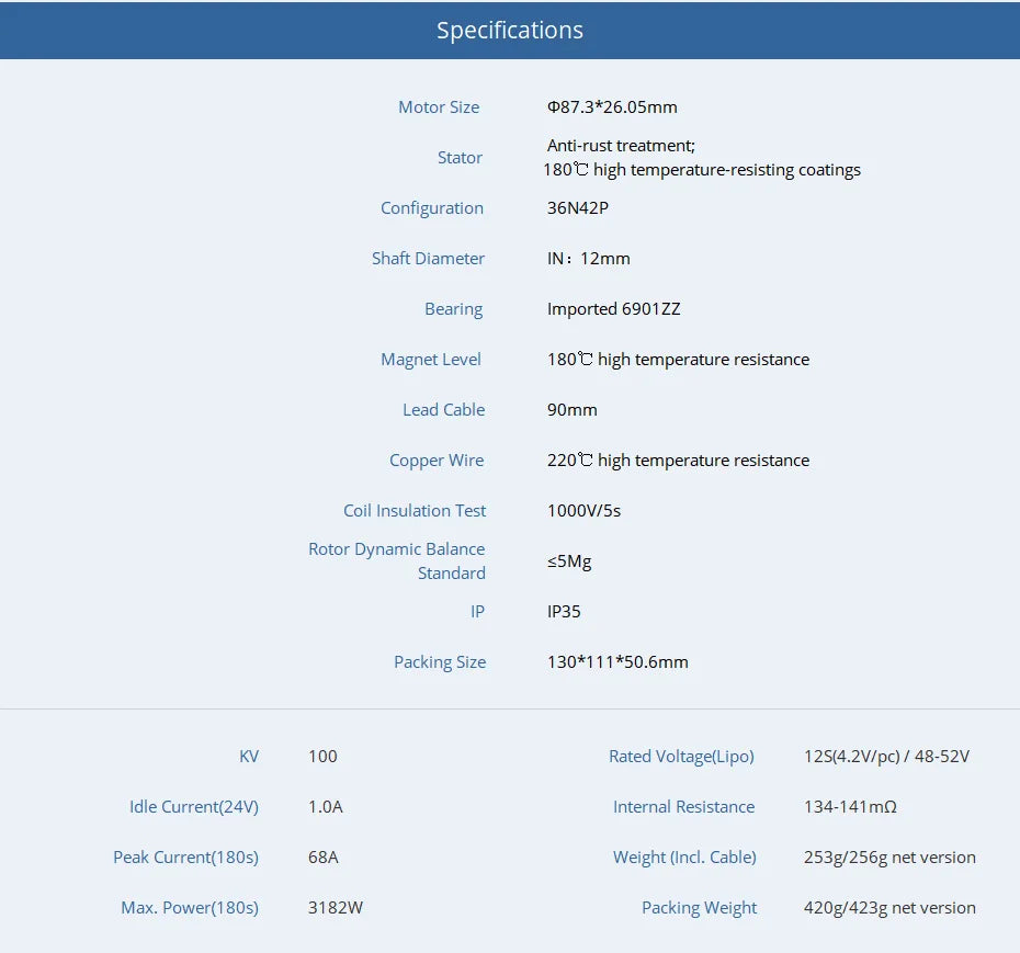 T-motor, Specifications Motor Size 087.3*26.05mm Anti-rust treatment; Stator 18