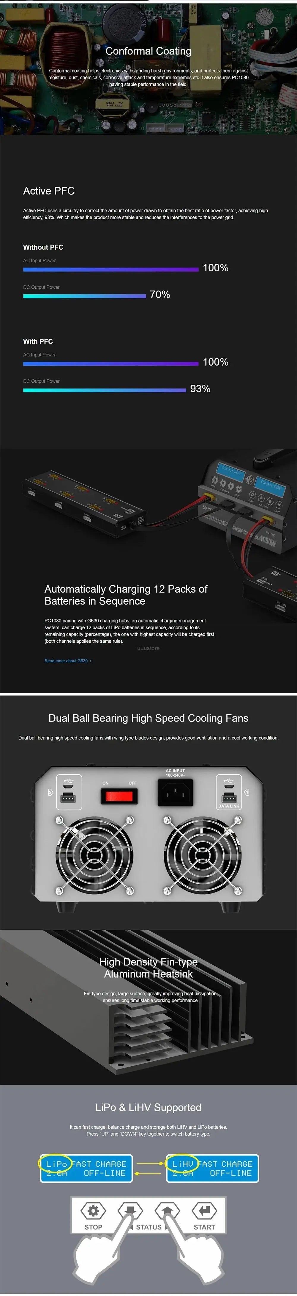 SKYRC PC1080 Lipo battery charger - 1080W 20A 540W*2 Dual Channel Lithium Battery Charger for agricultural spraying drone UAV 5 SKYRC PC1080 Lipo battery charger, 00ooo Active PFC uses circuitry to obtain the best ratio of power factor