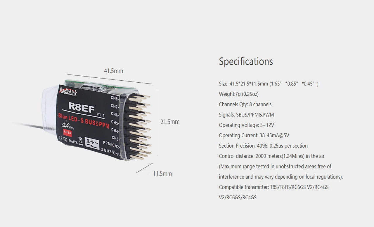Radiolink mini osd R12DSM R9DS R8FM R8EF R8FM R6DSM R6FG R8SM R7FG SUI04 Rc Receiver 2.4G Signal for RC Transmitter 39 Specifications 41.Smm Size: 41.5*21.5*11.Smm (1.