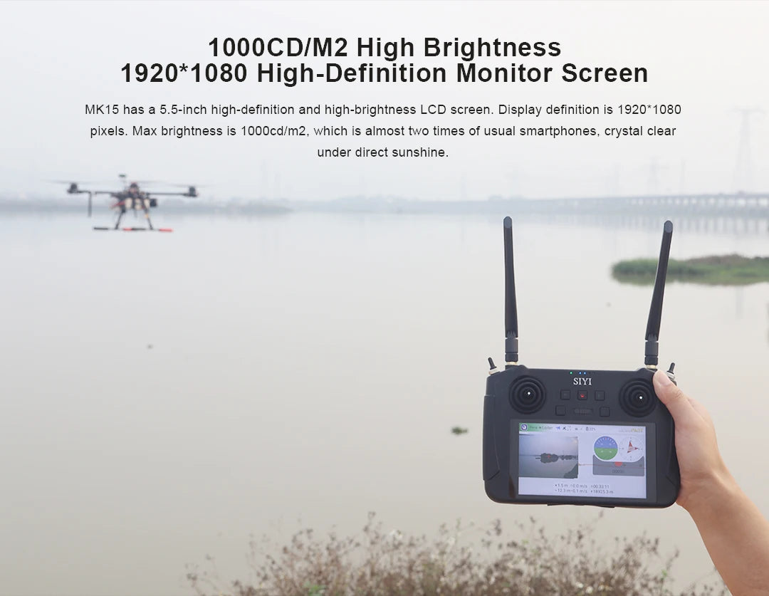 SIYI MK15 Transmitter, 1OOOCDIM2 High Brightness 1920*1080 High-Definition Monitor