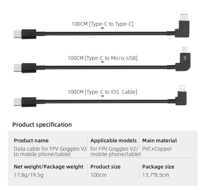 1m Data Cable for DJI FPV Goggles V2. 1OOCM Type-C to Type-C 1OOcm 13.7*