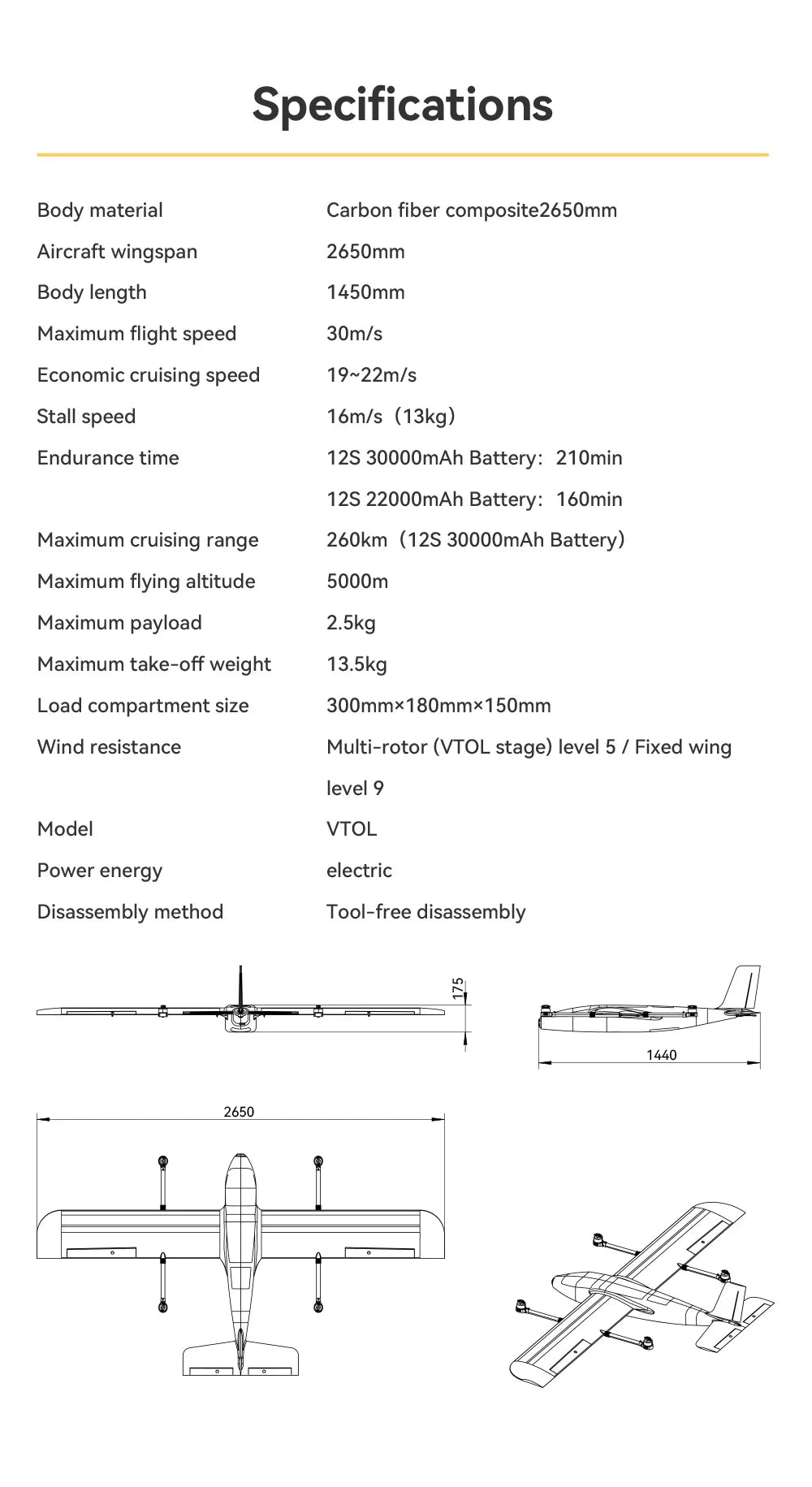 CUAV Raefly VT260 VTOL, Specifications Body material Carbon fiber composite2650mm Aircraft wingspan 2650mm Body length