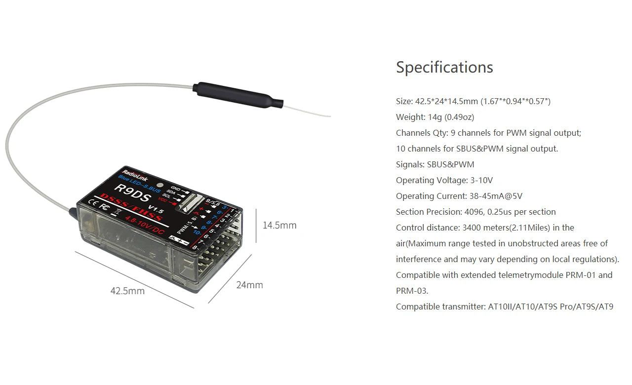 Radiolink mini osd R12DSM R9DS R8FM R8EF R8FM R6DSM R6FG R8SM R7FG SUI04 Rc Receiver 2.4G Signal for RC Transmitter 48 Specifications Size: 42.5*24*14.Smm (1.67"*0.9