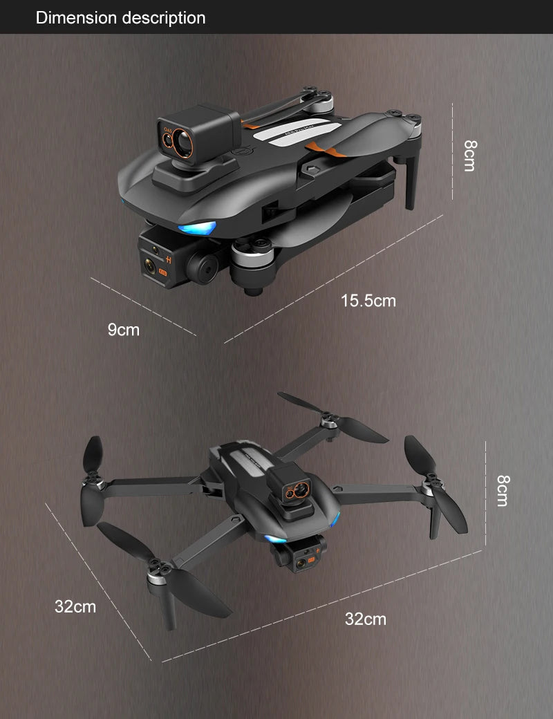 AE8 Pro Max Drone, Dimension description 8 15.5cm 9cm 8 32cm 32c