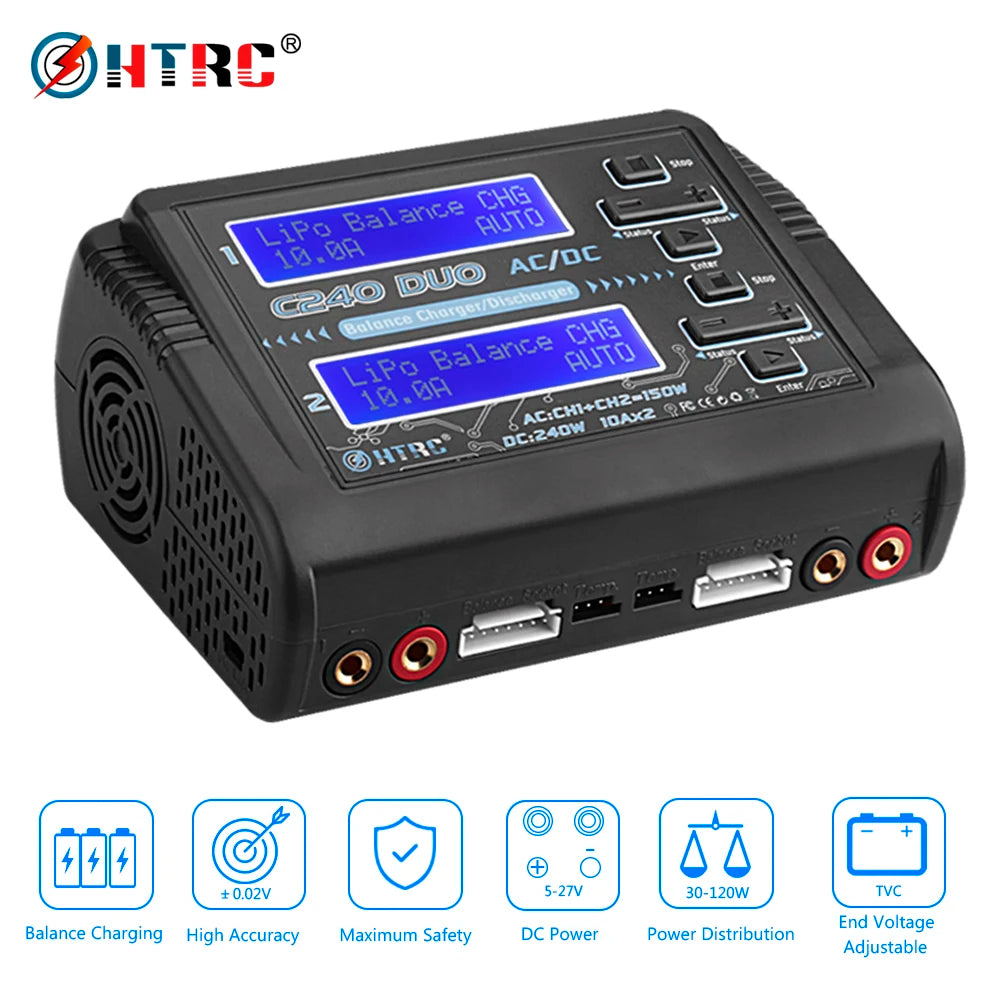 HTRC T240 Duo Lipo Charger - Battery Discharger Dual Channel AC 150W DC 240W Touch Screen RC Charger for Model Car Toy 27 HTRC T240 Duo Lipo Charger, OHtRc 0.02v 5-27V 30-120w TVC End Voltage
