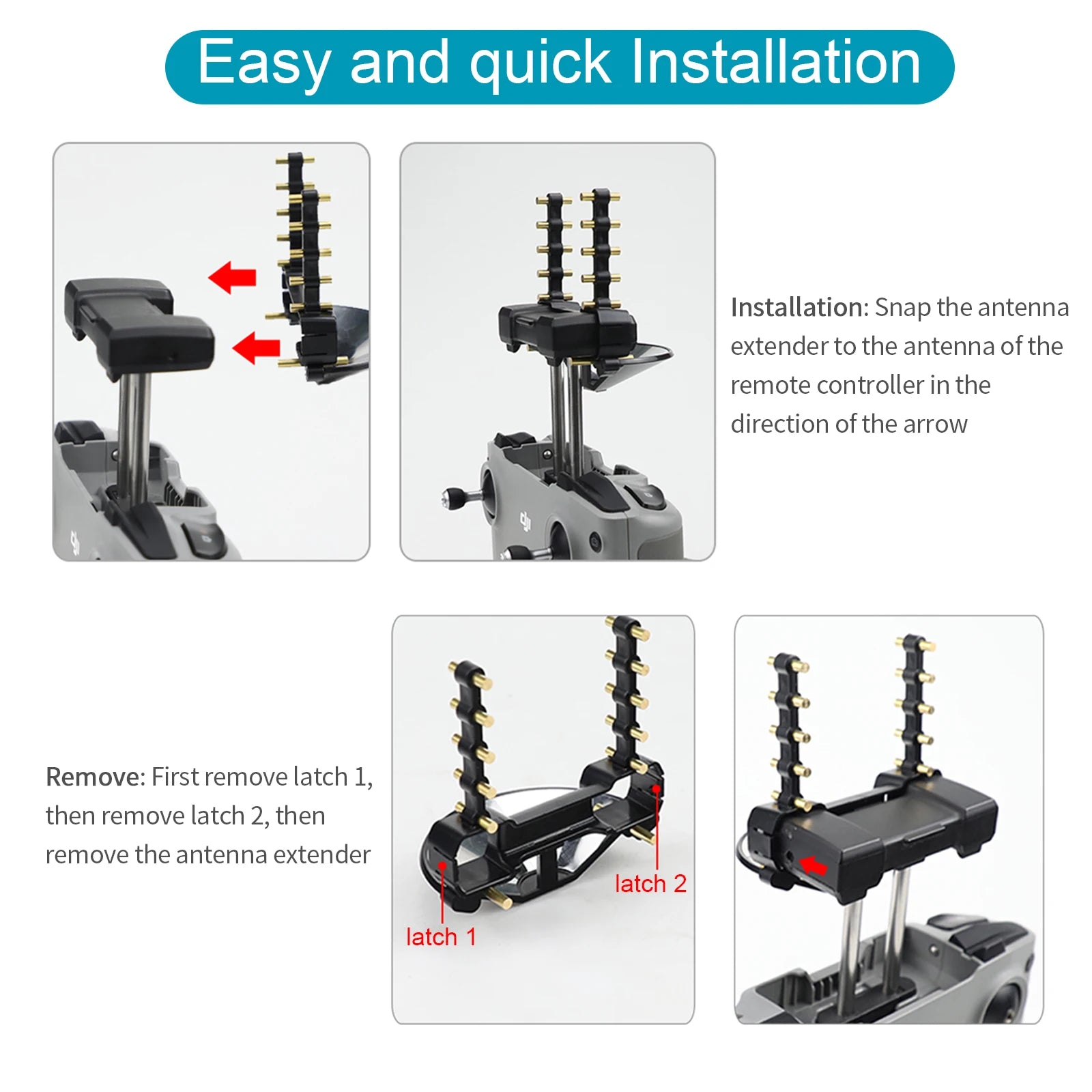 2 in 1 Antenna, Easy and quick Installation: Snap the antenna extender to the antenna ofthe remote controller in the