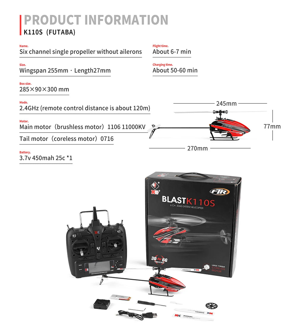 Wltoys K110S RC Helicopter, K11os (FUTABA) Flight time. Six channel single propeller without 