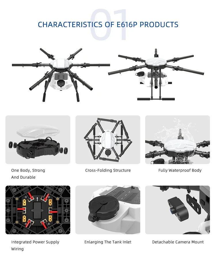 EFT E616P 16L Agriculture Drone - 6 Axis Crop Agriculture Drone frame 16L Water Tank Full Load 35KG 21 minutes Sprayer Spreader Drone Compatible with Hobbywing X8 Motor 9 EFT E616P 16L Agriculture Drone, CHARACTERISTICS OF E616P PRODUCTS One Body, Strong