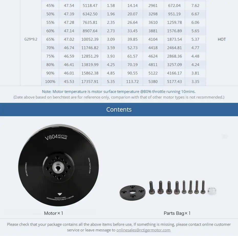 T-motor V804 KV170 Brushless Motor SPECIFICATIONS