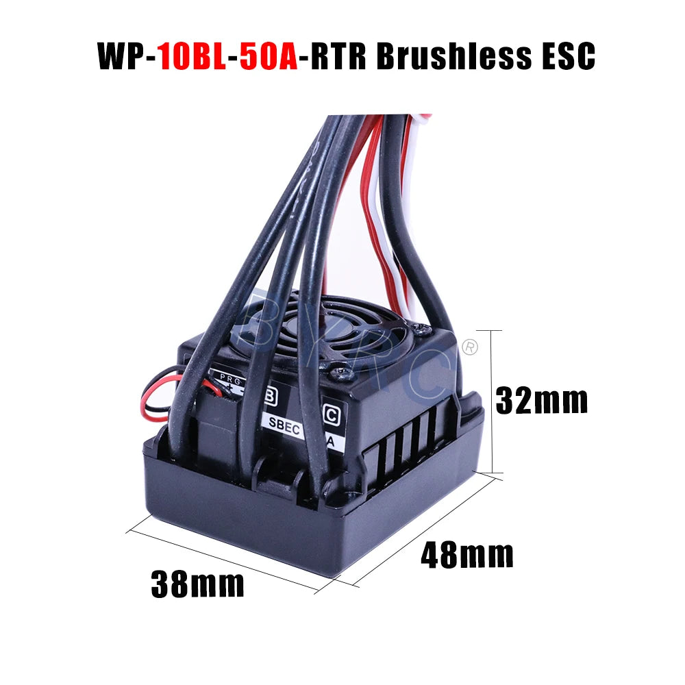 Waterproof brushless ESC for 1/10 to 1/6 RC cars with IOBL and 5A output.