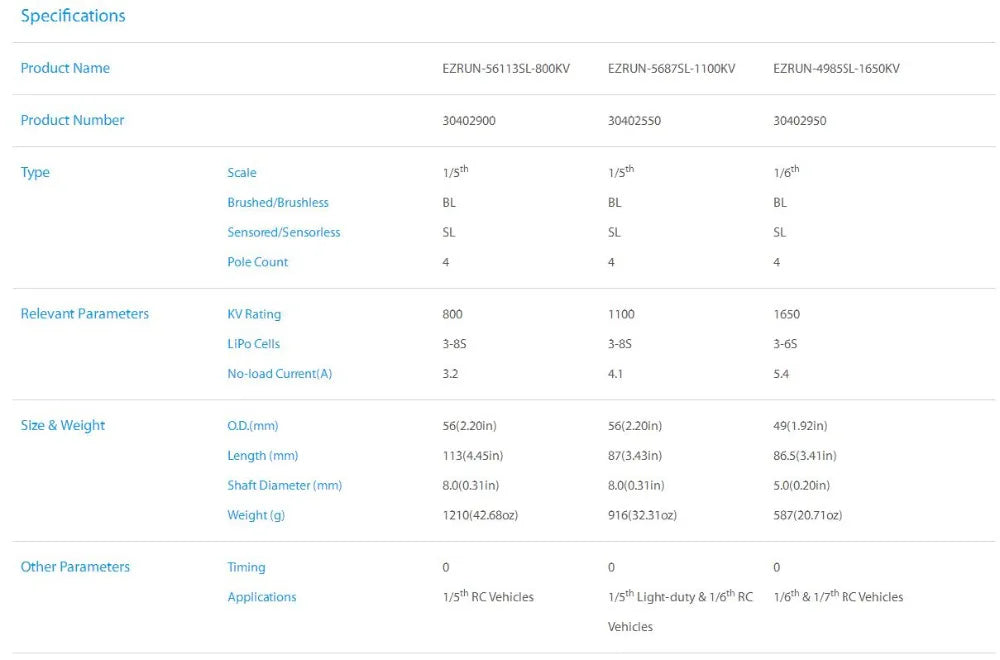 Specifications EZRUN-56113SL 800KV ezRun-56