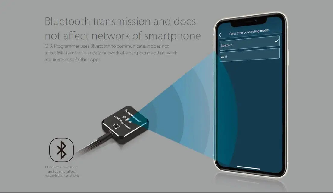 Bluetooth transmission and does Not affect network of smartphone OTA Programmer uses Bluetooth to communicate:
