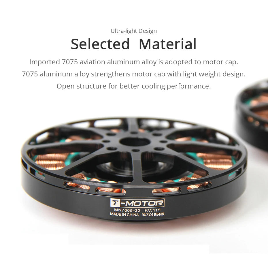 T-motor MN7005 KV230 Light Efficient Motor - Max Thrust 5.0KG Energy-saving Antigravity For Quadcopter Helicopter UAV Unmanned Boats RC Drones 8 T-motor, 7075 aluminum alloy strengthens motor cap with light weight design: Open structure for better cooling performance