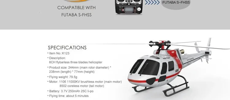 WLtoys XK K123 Rc Helicopter, GCH flyoarless hree blades helicopter weighs 244mm (