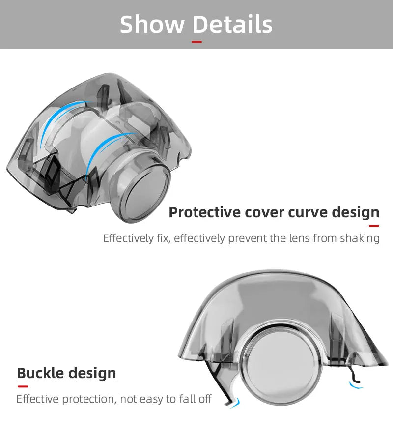 Quick-Release Lens Cap For DJI FPV Combo Drone, Show Details Protective cover curve design Effectively fix, effectively prevent the lens shaking Buckle design