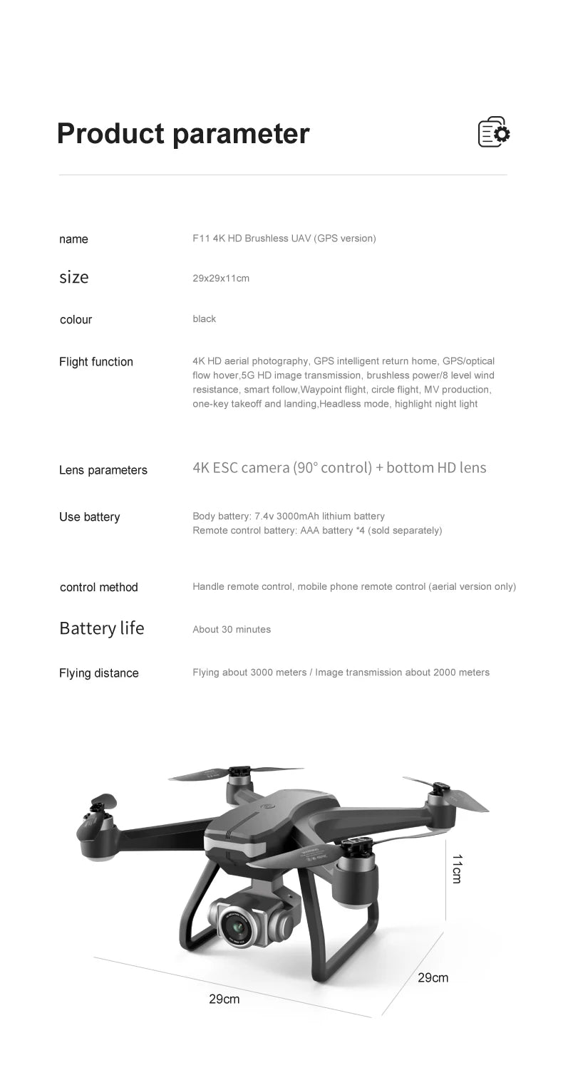 F11 PRO Drone, F11 4K HD Brushless UAV (GPS version) size 29x29x