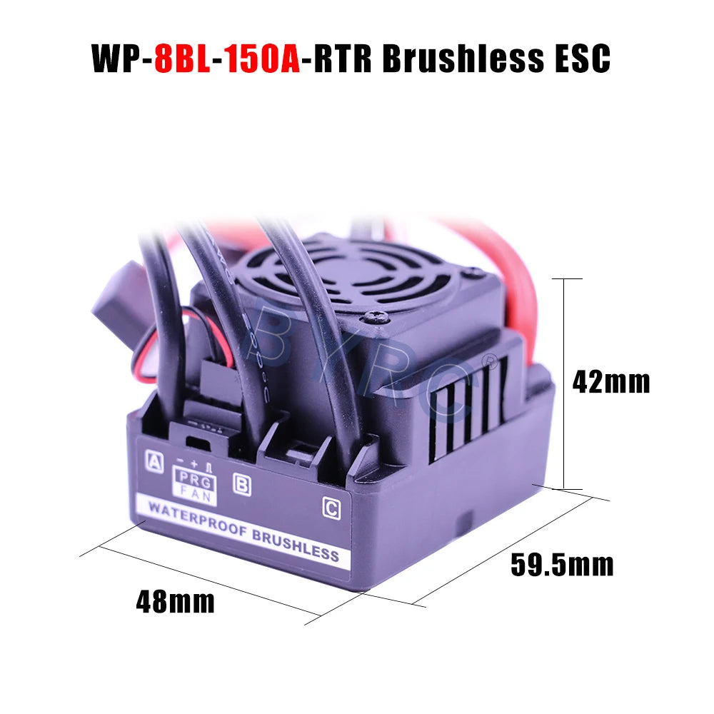 Waterproof brushless ESC for 1/10 to 1/6 RC cars in a compact 42x59.5x48mm package.