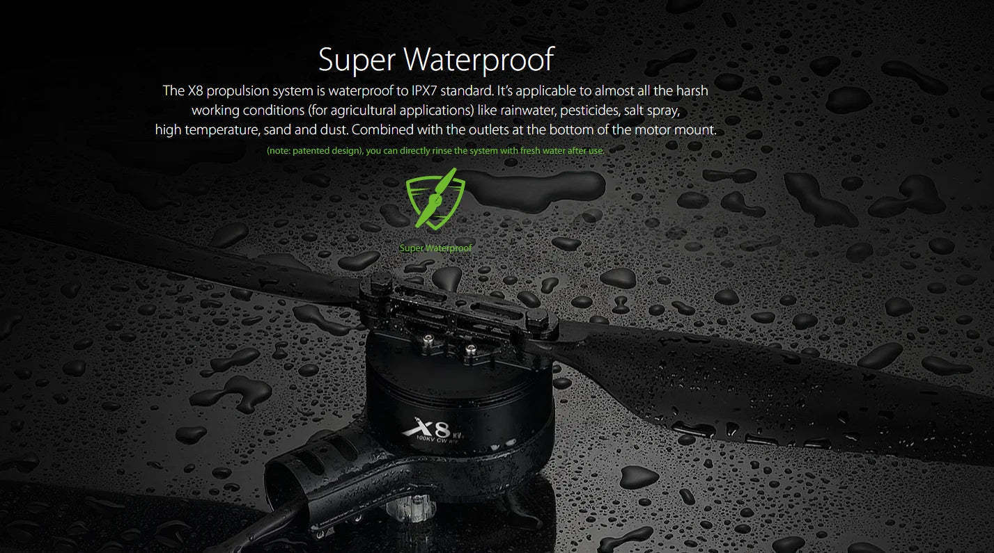Hobbywing X8 Integrated Style Power System, the X8 propulsion system is waterproof to IPXZ standard Its applicable to almost