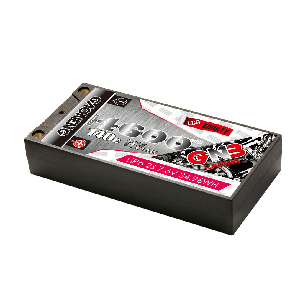 Angled view of GAONENG GNB 4600mAh 2S LiHV shorty hard case LiPo battery