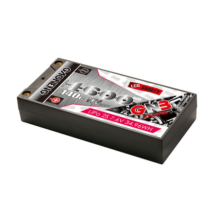 Angled view of GAONENG GNB 4600mAh 2S LiHV shorty hard case LiPo battery