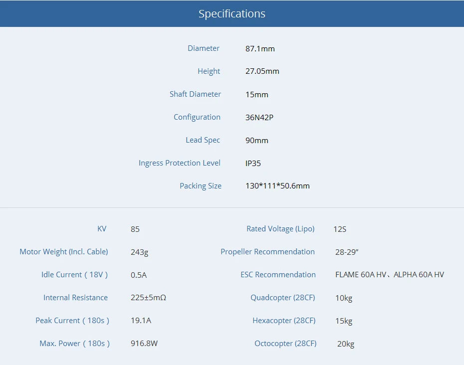 T-motor U8 Lite KV100 - 1300W 7KG Thrust Ultra-light Efficient Motor With Ultralight CF Prop For UAV Helicopter RC Drones 16 T-motor, Specifications Diameter 87.1mm Height 27.05mm Shaft Diameter 1Smm