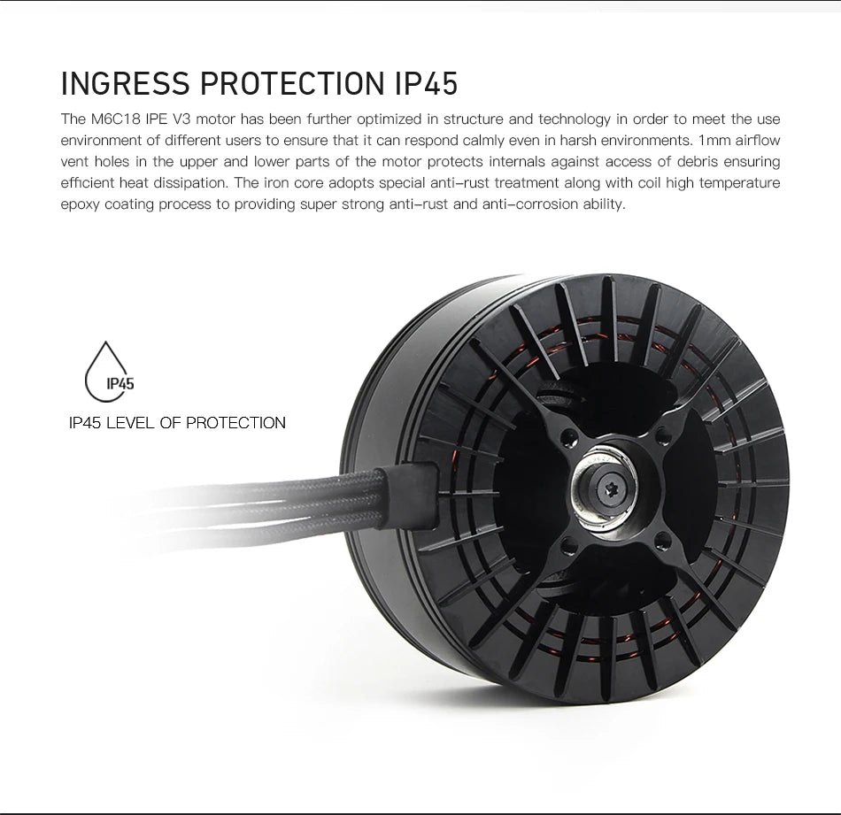 MAD M6C18 Drone Motor, Robust motor design for harsh environments: IP45 protection, airflow vents, and corrosion-resistant iron core and coil.