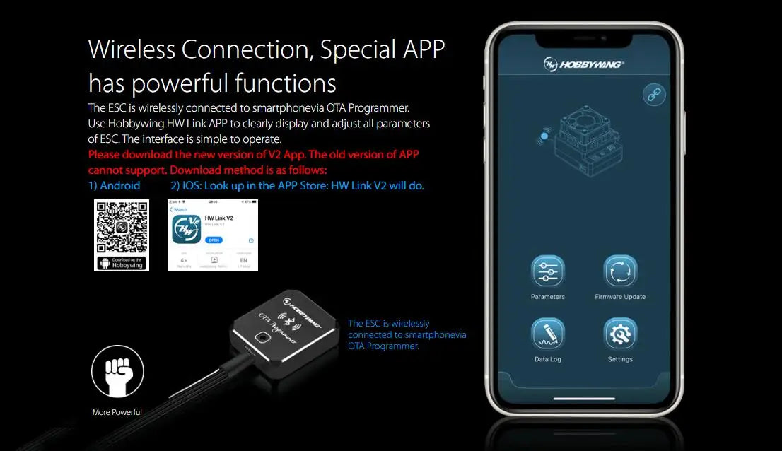 ESC is wirelessly connected to smartphonevia OTA Programmer DataLog Sctings More