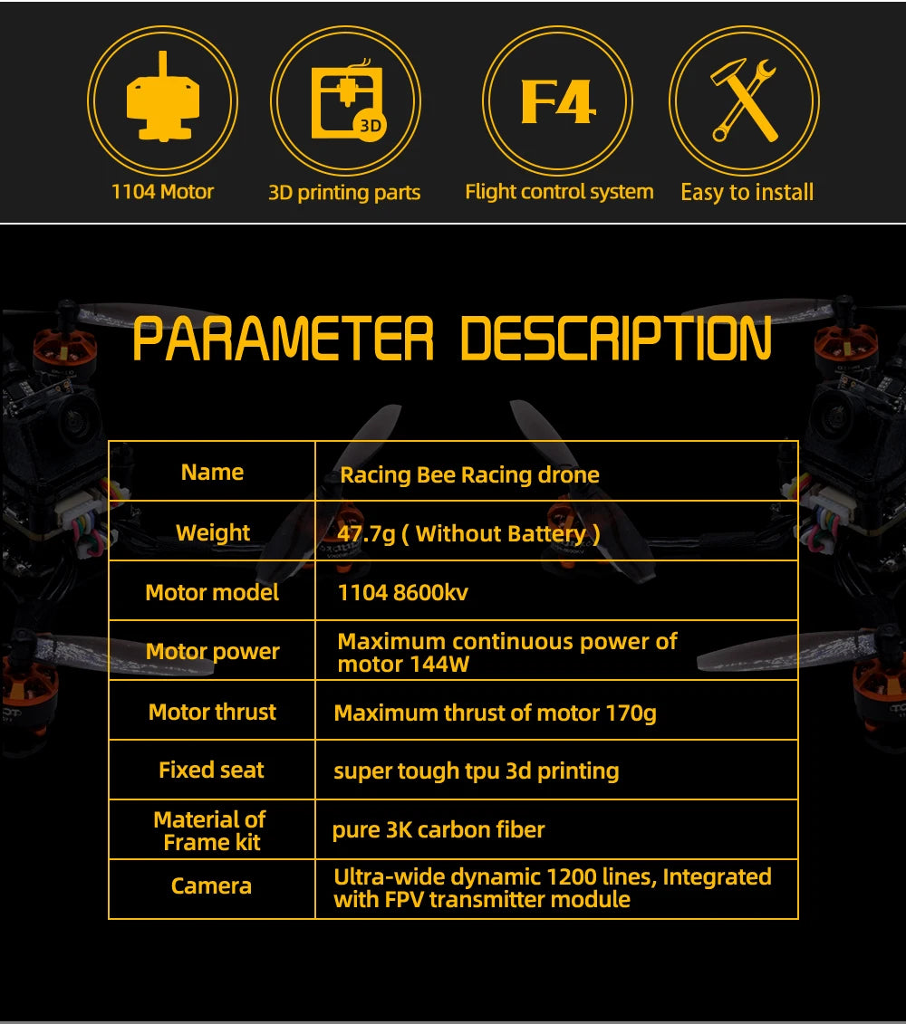 TCMMRC Racing Bee - 1104 8600kv Brushless motor Carbon fiber high-thrust racing drone 720TVL Camera fpv drone 2.5 Inch Fpv Racing Drone 26 TCMMRC Racing Bee, F4 3D 1104 Motor 3D printing parts Flight control system to install paaa