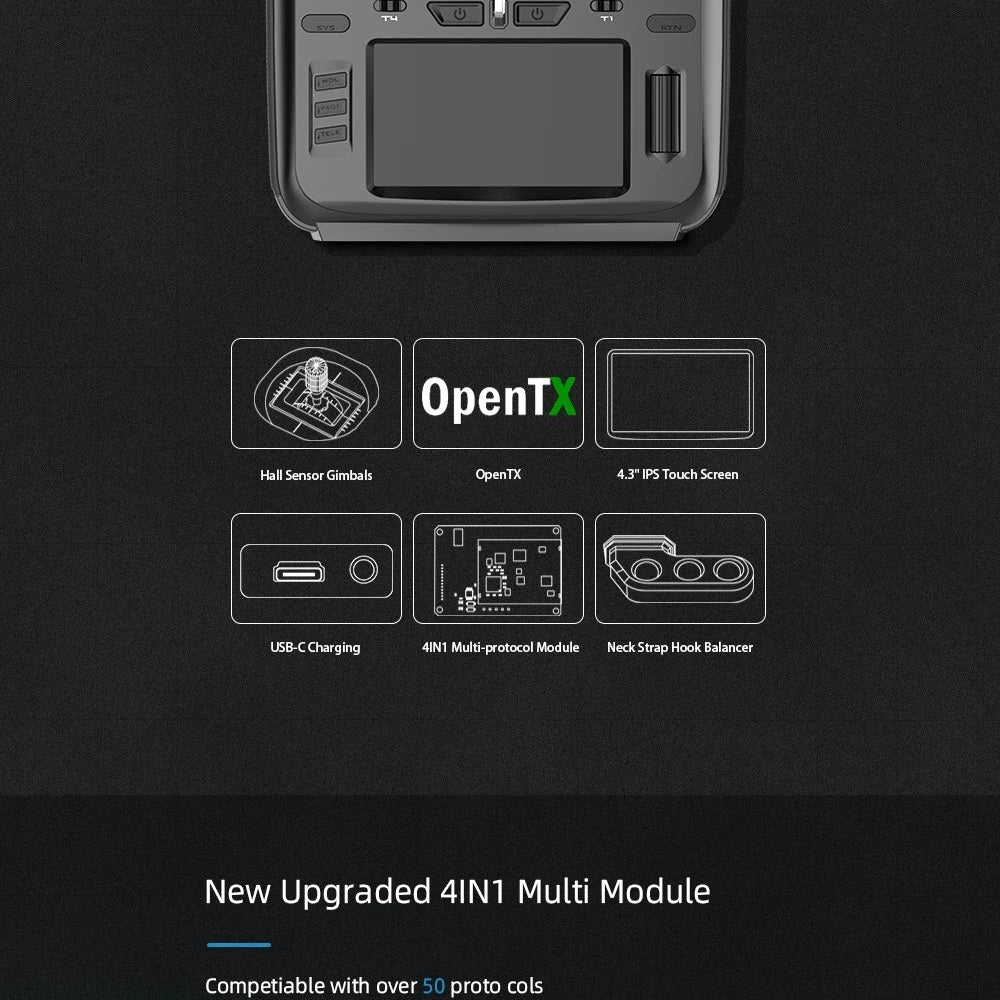 RadioKing TX18S/Lite Transmitter, Hall Sensor Gimbals OpenTX 4.3"IPS Touch Screen USB C Charging