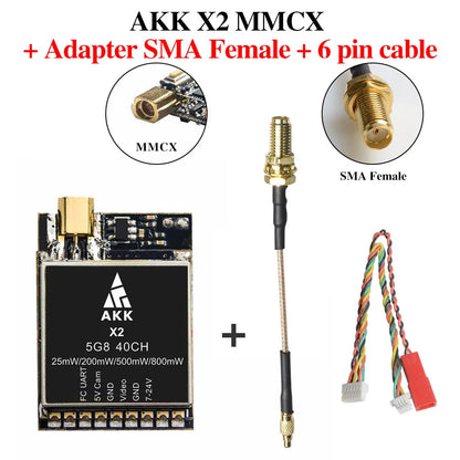 AKK X2P/X2 5.8Ghz 40CH VTX, AKK X2 MMCX Adapter SMA Female + 6 pin cable M