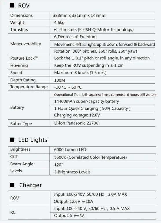 Fifish V6E - Professional Underwater Drone, Fifish V6E, 383mm 331mm x 143mm Weight 4.6kg Thrusters Th
