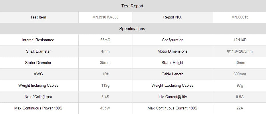 T-MOTOR MN3510 KV700 Outrunner Brushless Motor for multirotor copter Racing Drone 17 T-MOTOR, Test Report Test Item MN3510 KV630 Report NO MN.00015