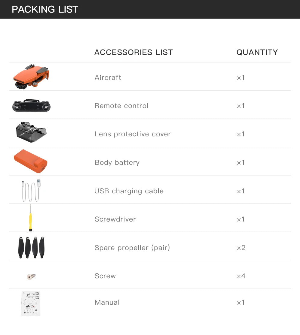 ZLL SG108 Pro Drone, Aircraft Remote control Lens protective cover X1 Body battery x1 USB charging cable 