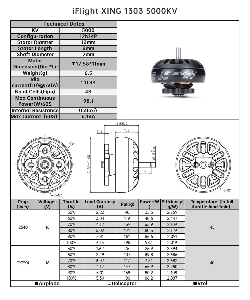 iFlight XING 1303 5000KV 2-4S FPV Micro Motor, iFlight XING 1303 50OOKV Technical Datas Kv 