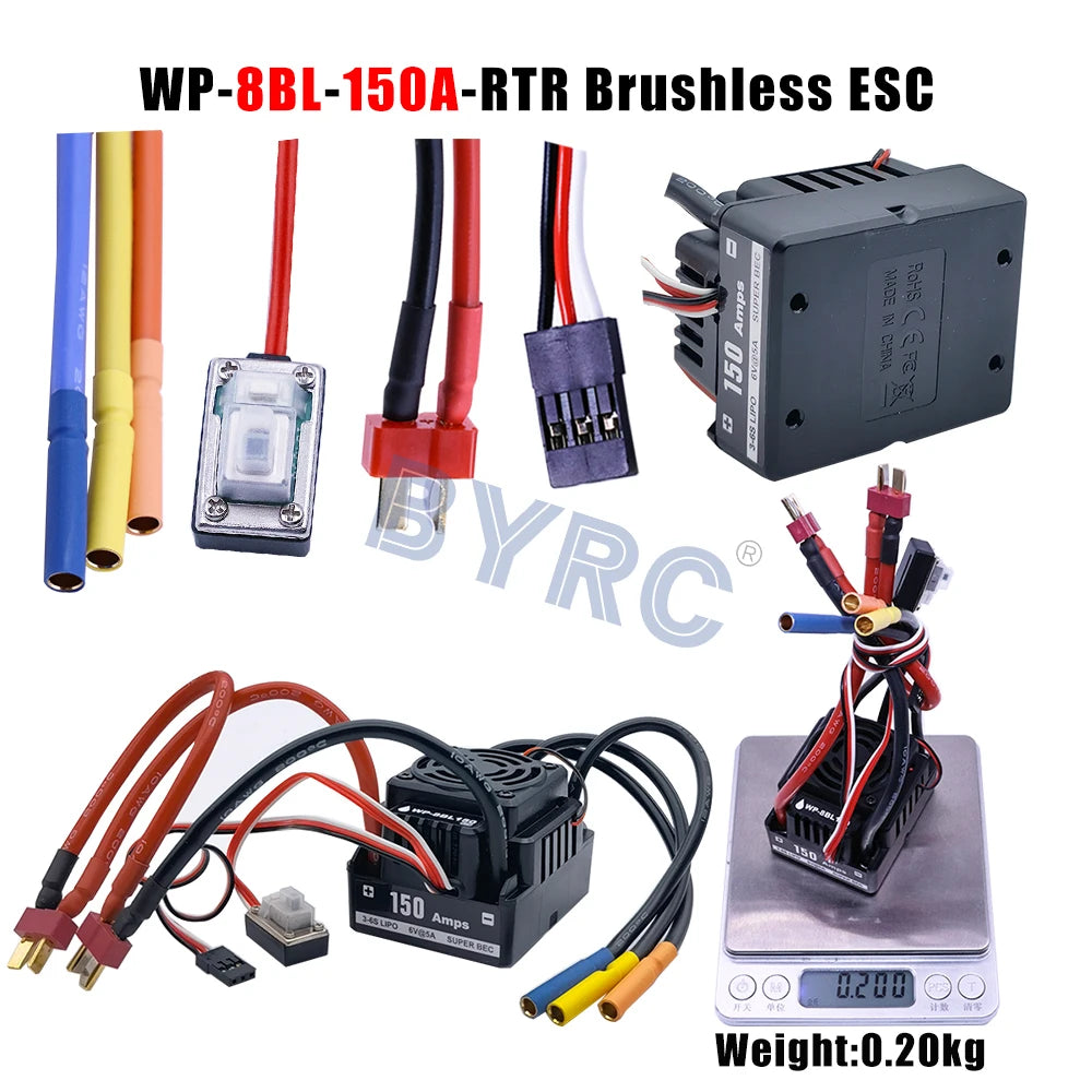 Waterproof brushless ESC for 1/10 to 1/6 RC cars, max 150A output.