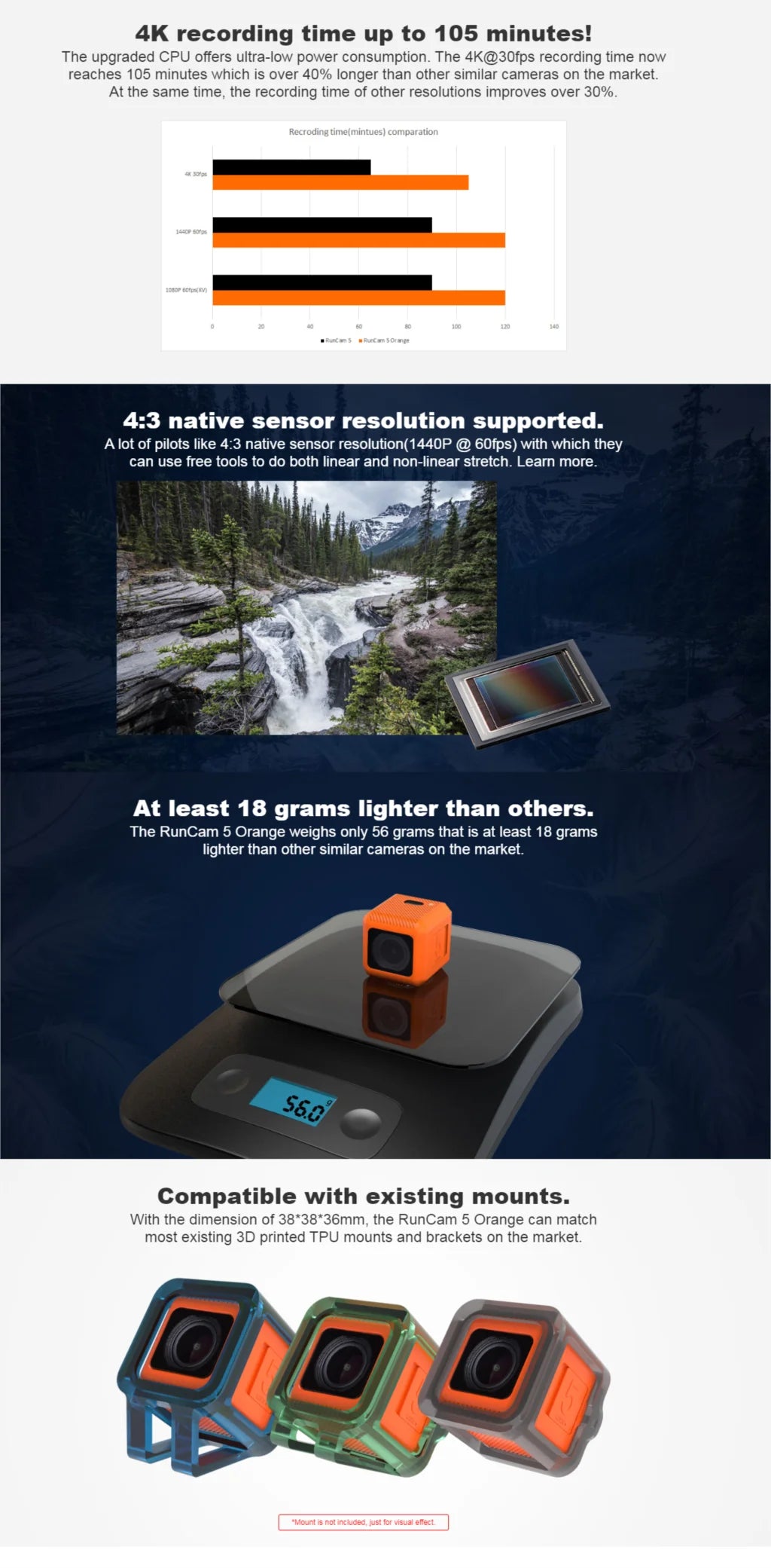 RunCam 5 Orange Black 12MP 4:3 145 Degree FOV 56g Ultra-light 4K HD FPV Camera for RC FPV Racing Drone Toothpick 10 the 4K@3Ofps recording time now reaches 105 minutes which is