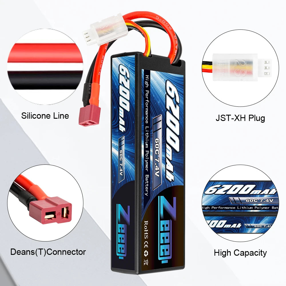 1/2units Zeee 7.4V 60C 6200mAh Lipo Battery, cell voltage is between 3.7V4.2V) 4.