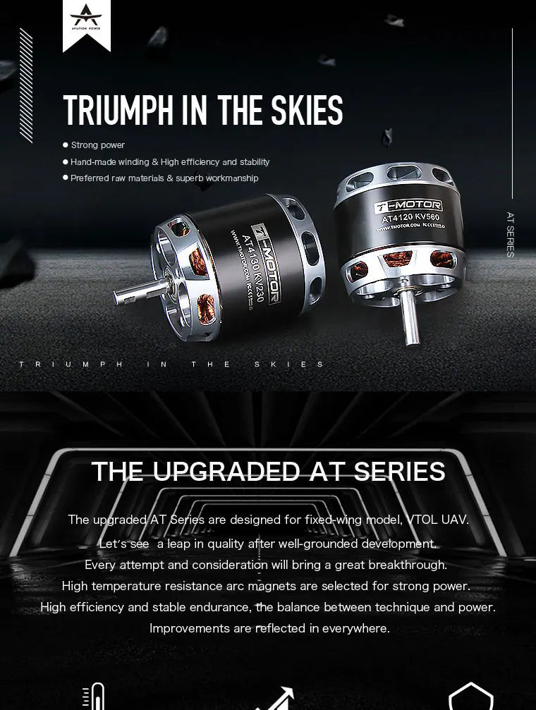 T-MOTOR AT4130 Brushless Motor - KV230 300KV 450KV 7.8KG Thrust Customized UAV drone Electric fixed wing motor OEM or ODM 7 T-MOTOR, AT4120 KV56O Kei0 9 THE UPGRADED AT SER