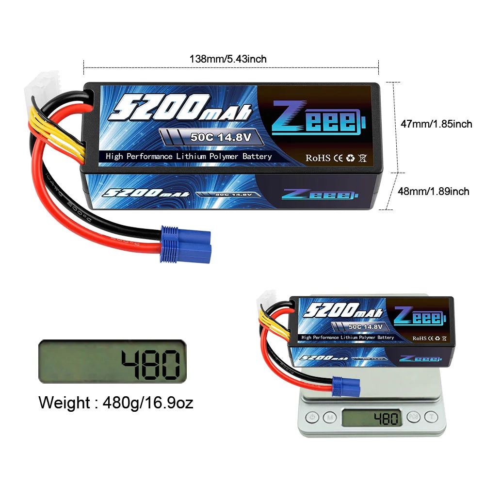 Zeee 4S 14.8V 5200mAh 50C Lipo Battery, 138mm/5.43inch Ezobaat BEB 47mm/1.