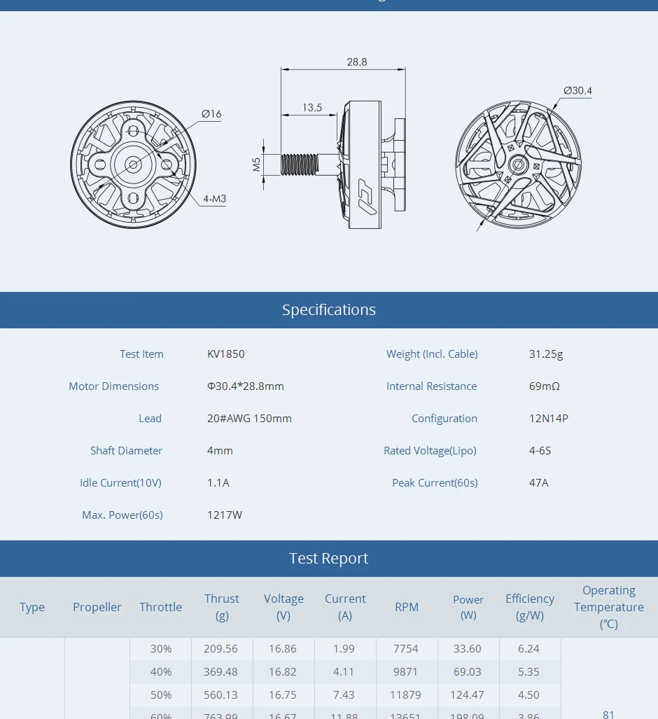 T-MOTOR, KV1850 Weight (Incl: Cable) 31.25g Motor Dimensions